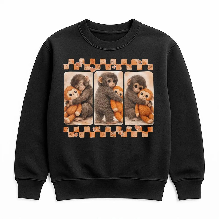 Cute Monkey Hugging Plush Toy Sweatshirt | Emotional Viral Animal Graphic | Premium Cotton Blend Crewneck | Gift For Monkey Lovers And Teens