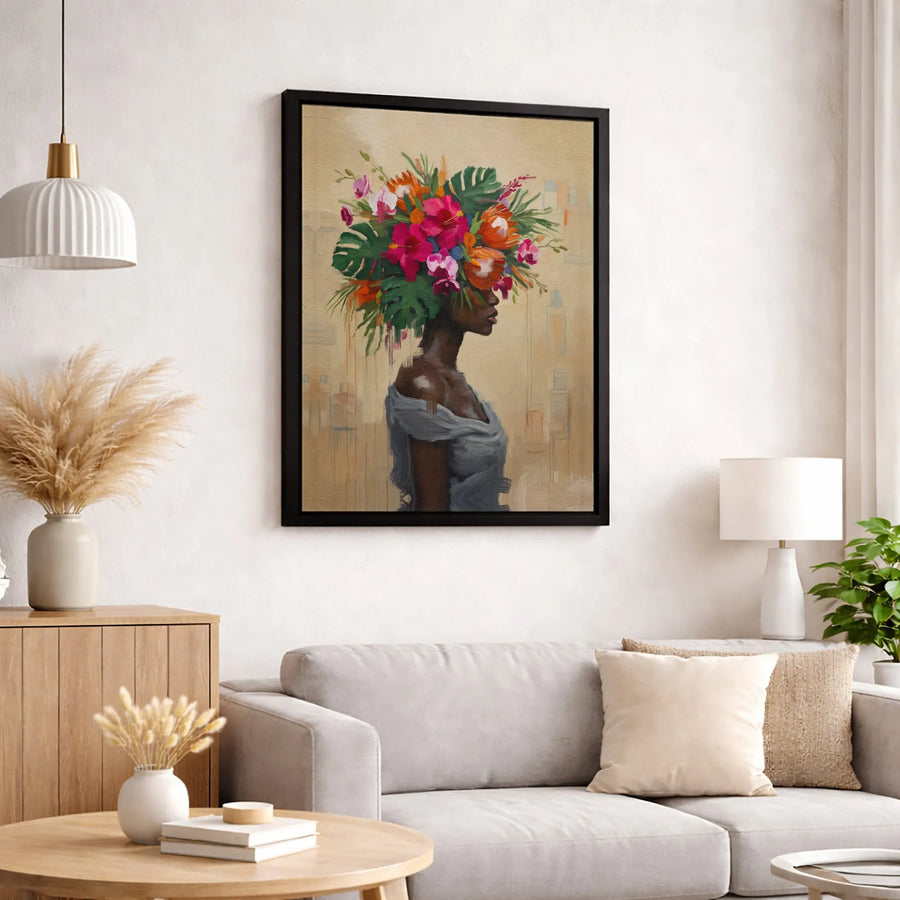 Black Woman Canvas Print | Tropical Flower Headdress Oil Painting Art | Premium Gallery Wrapped Decor | Modern Afrocentric Home Gift