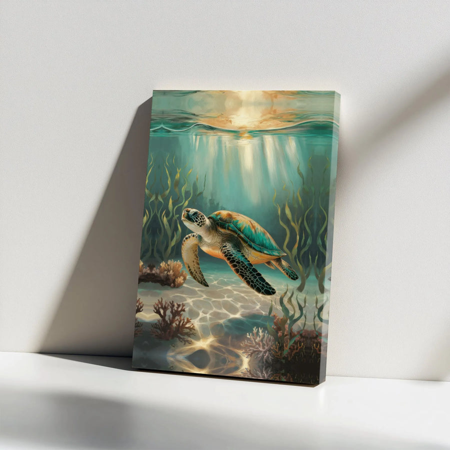 Sea Turtle Wall Art | Underwater Ocean Scene with Sun Rays | Gallery Wrapped Canvas | Coastal Decor for Home Office
