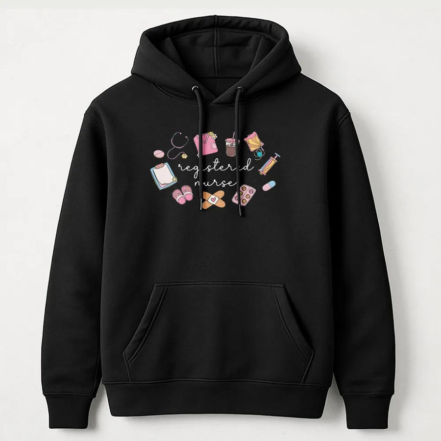 Registered Nurse Hoodie | Cute Nurse Doodle Graphic | Soft Cotton Blend Pullover | Gift for RN Graduate and Nursing Students