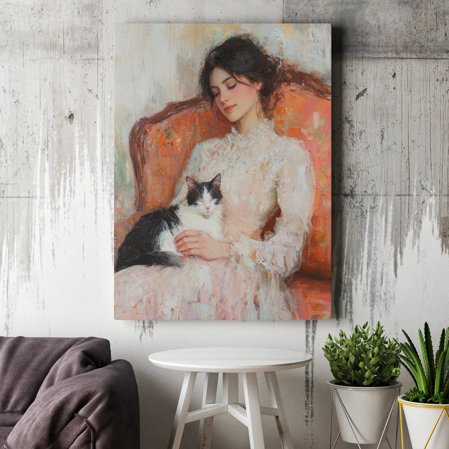 Vintage Woman with Cat Canvas Wall Art | Impressionist Portrait with Sleeping Cat | Premium Gallery Wrapped Canvas | Classic Home Decor Gift for Cat Lovers
