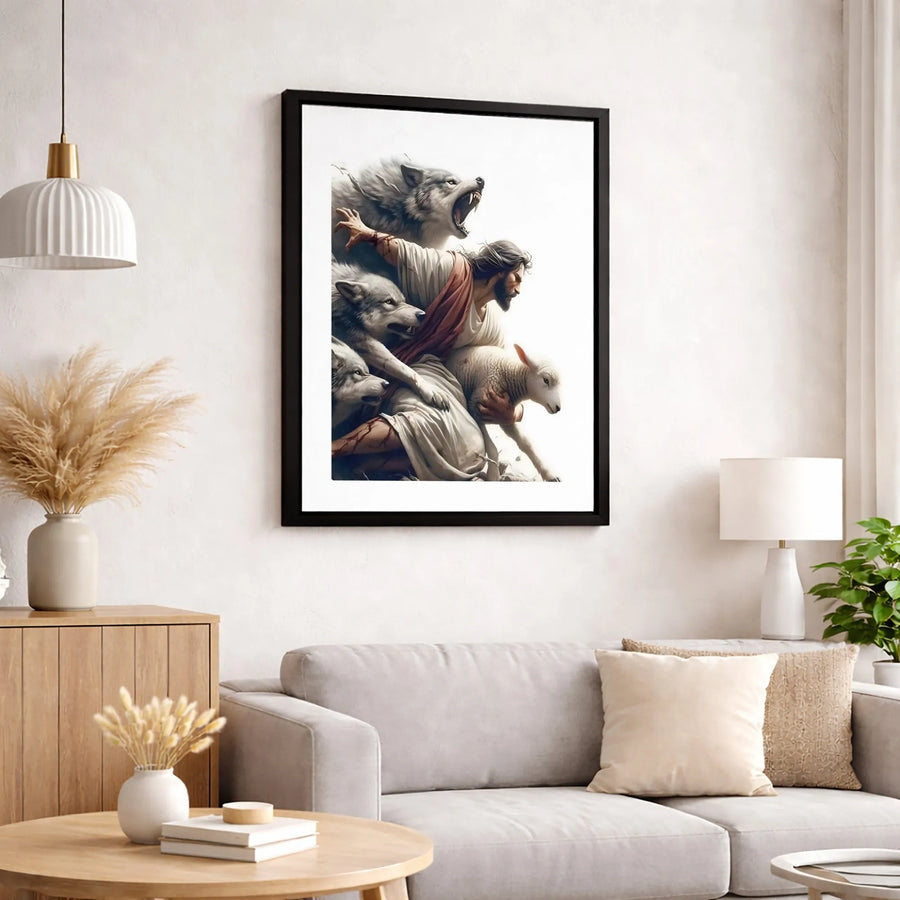 Jesus Protecting Lamb Canvas Print | Spiritual Religious Wall Art | 1.25 Inch Premium Gallery Wrap | Inspirational Christian Gift for Home Decor
