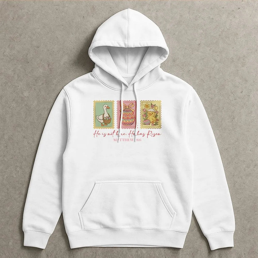 He Is Risen Easter Hoodie | Matthew 28:6 Vintage Stamp Design | Premium Cotton Blend | Christian Faith Gift for Easter Sunday
