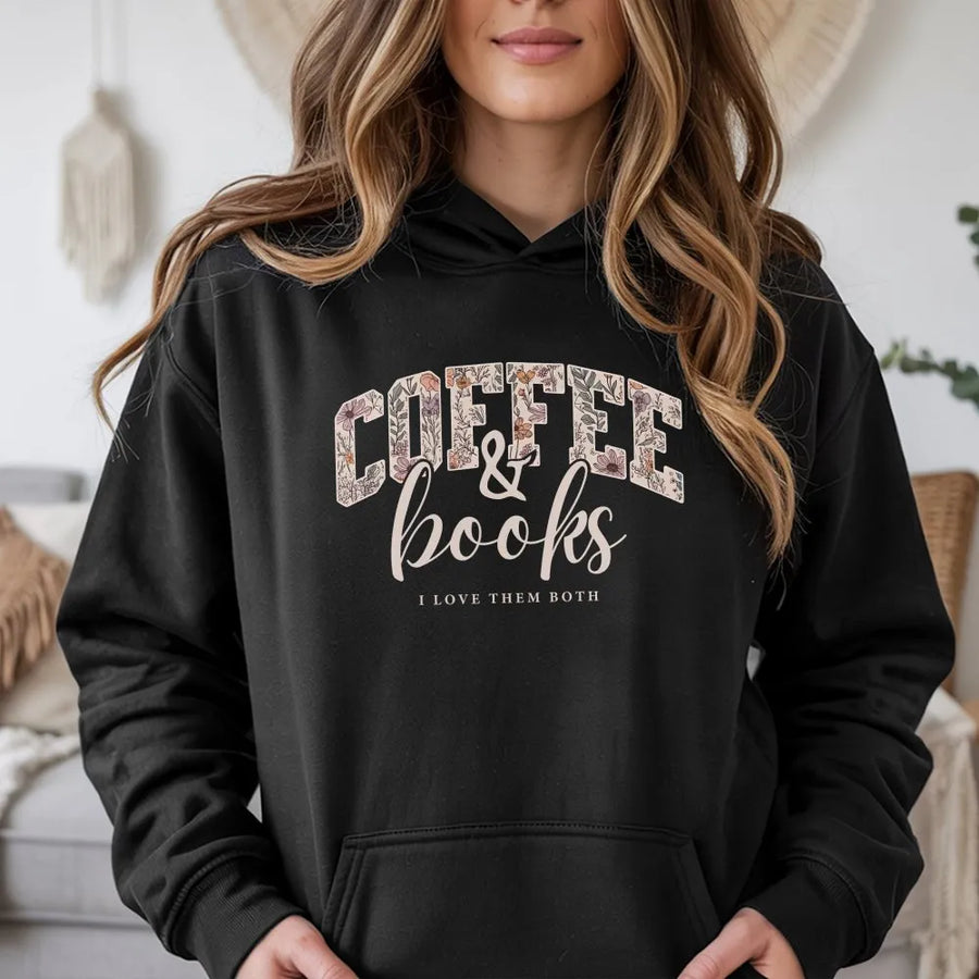 Coffee and Books Hoodie | Floral Varsity Graphic Tee | Soft 100% Cotton | Cozy Reader Gift for Book Club, Teacher