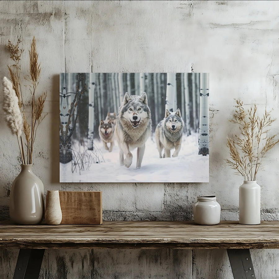 Wolf Pack Winter Forest Horizontal Canvas | Wild Wolves Running in Snow Wall Art Print | Premium 1.25" Gallery Wrap | Rustic Cabin Wildlife Lover Gift