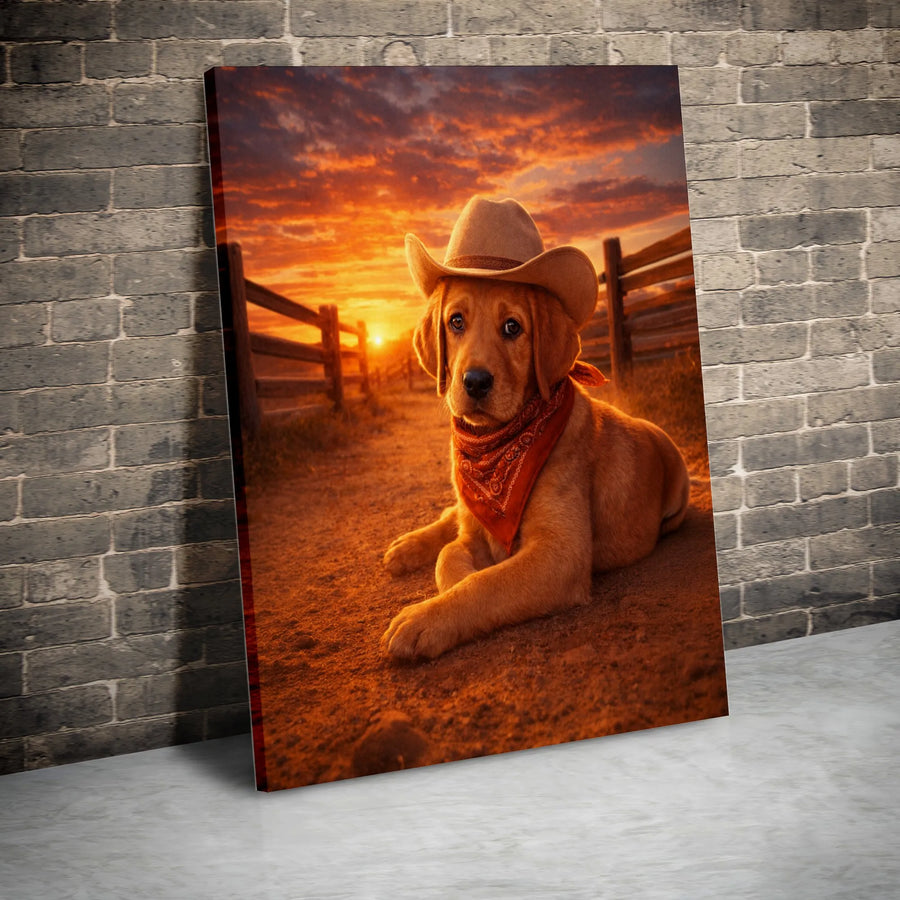 Cowboy Puppy Canvas Wall Art | Adorable Labrador in Cowboy Hat at Sunset | Premium Gallery Wrap Print | Gift for Dog Lover, Rustic Farmhouse Decor