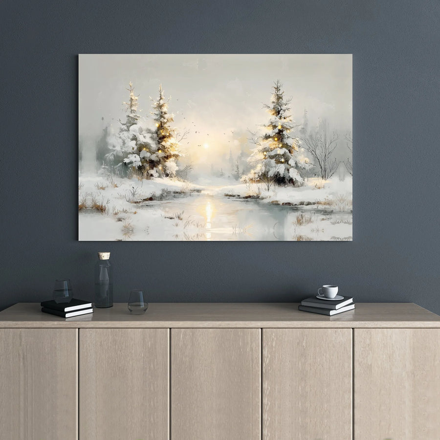 Winter Landscape Canvas Wall Art | Snowy Pine Trees Frozen River Print | 1.25" Gallery Wrap | Christmas Home Decor Gift