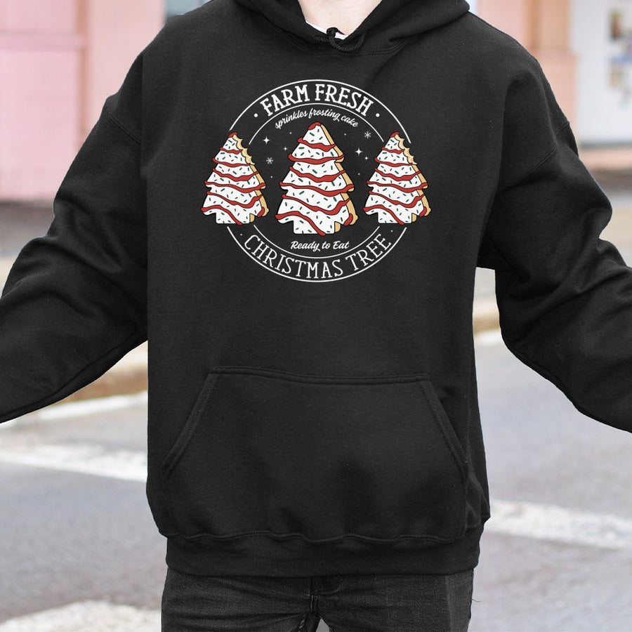 Farm Fresh Christmas Tree Cakes Hoodie | Retro Snack Graphic Sweatshirt | Premium Cotton Blend Pullover | Cute Holiday Gift for Snack Lovers