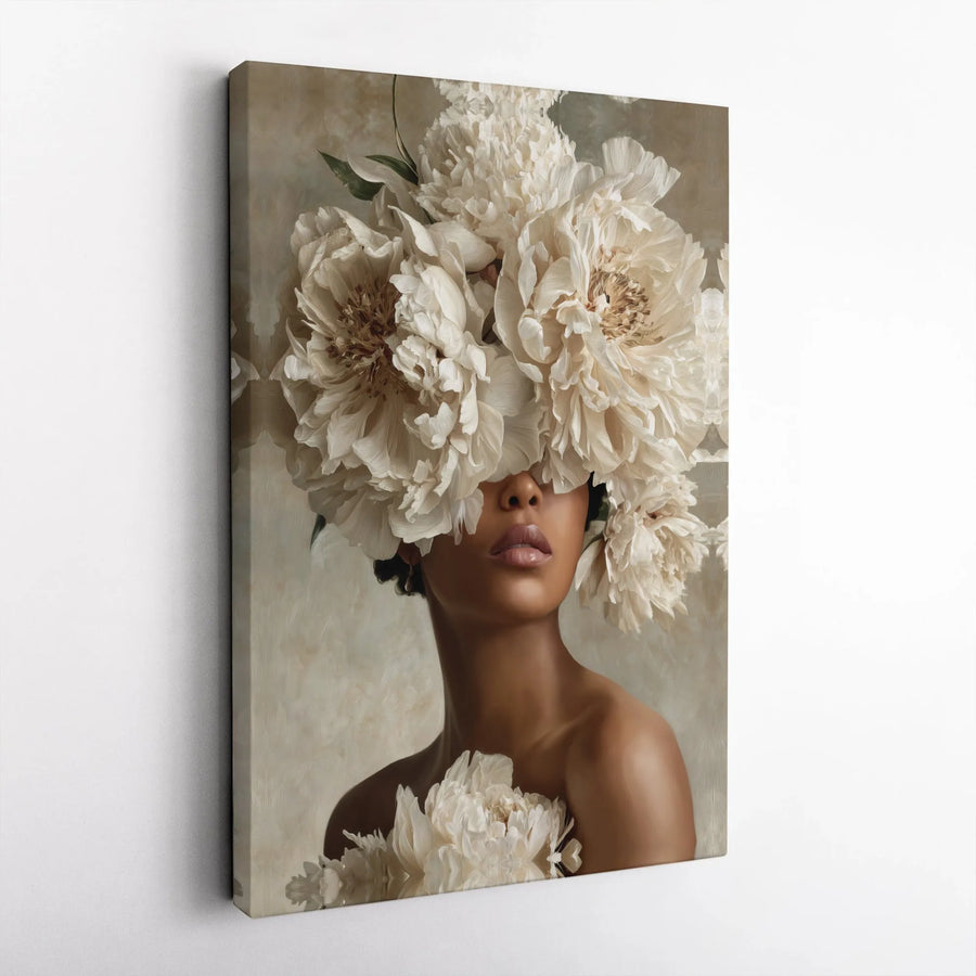 Black Woman Floral Canvas Print | Surreal Peony Portrait Wall Art | Premium Gallery-Wrap Decor | Aesthetic Modern Home Gift