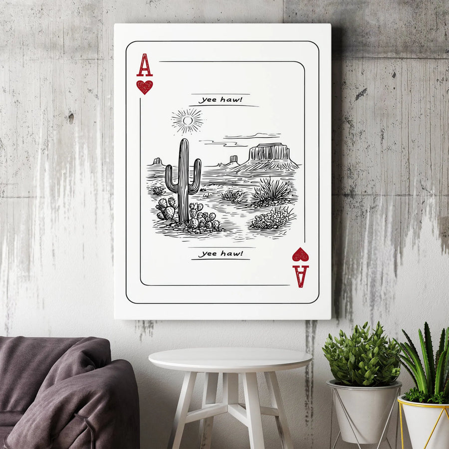 Western Desert Playing Card Canvas | Ace of Hearts Yee Haw Print | Premium Gallery Wrap Wall Art | Southwestern Decor for Home or Office