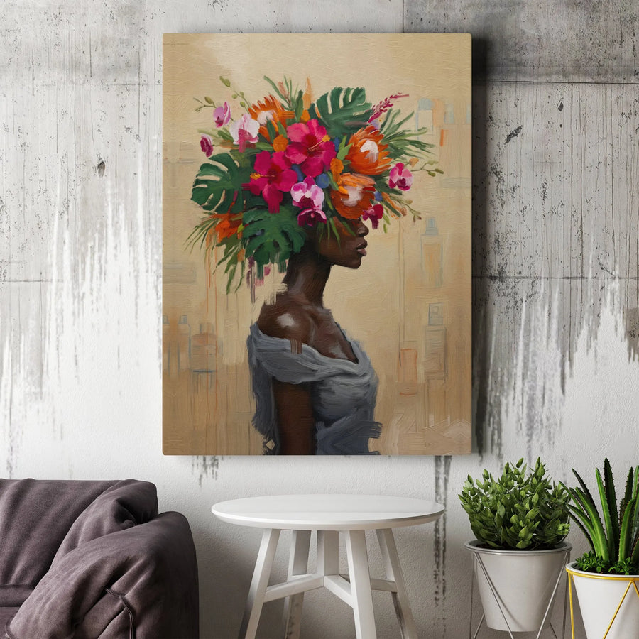 Black Woman Canvas Print | Tropical Flower Headdress Oil Painting Art | Premium Gallery Wrapped Decor | Modern Afrocentric Home Gift