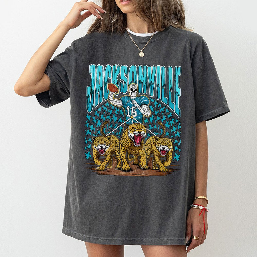 Jacksonville With A Skeleton Football Player Holding A Football And Three Jaguars T-Shirt