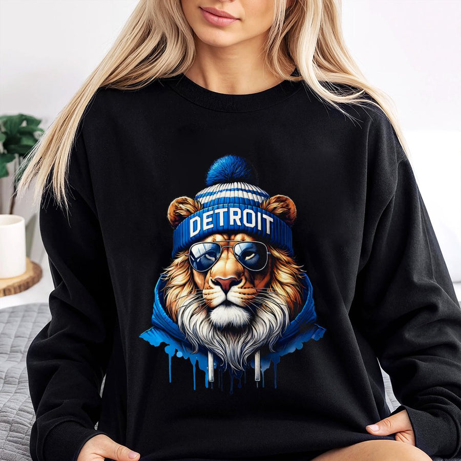 Detroit Lion Wearing Beanie And Sunglasses Sweatshirt