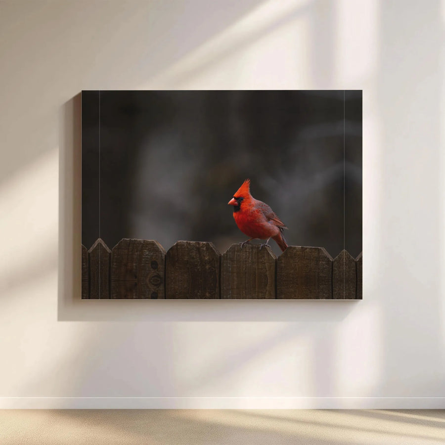 Northern Cardinal Wall Art | Realistic Red Bird on Wooden Fence | Gallery Quality Canvas Print | Nature Lover Home Decor Gift