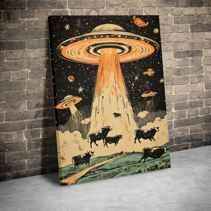UFO Alien Abduction Canvas Print | Vintage Sci-Fi Cow Artwork | Premium 1.25" Gallery Wrap | Unique Space Decor Gift for Sci-Fi Fans