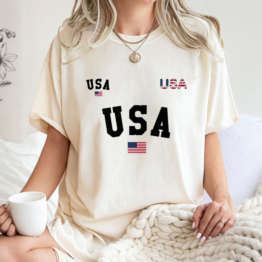 USA Flag Graphic T-Shirt | Patriotic American Lettering Design | Premium 100% Cotton | Comfortable Casual Apparel for Men and Women