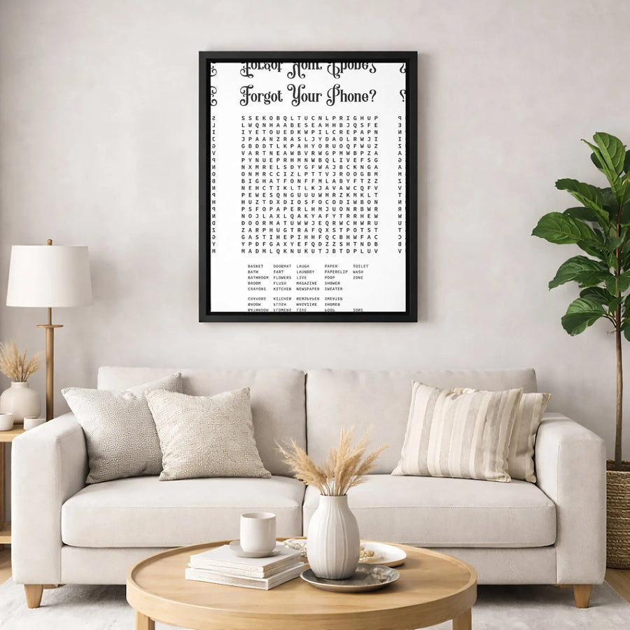 Forgot Your Phone? Funny Bathroom Word Search Canvas | Minimalist Typography Wall Art | Premium Gallery-Wrapped Print | Unique Gag Gift for Restroom Decor