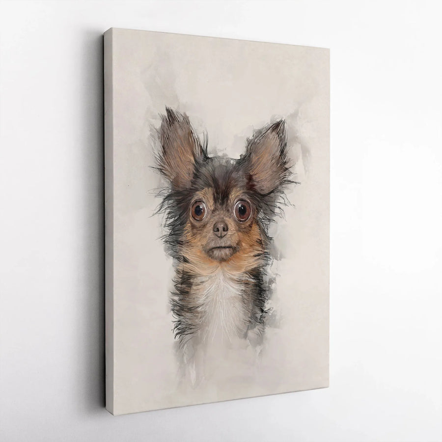Long Haired Chihuahua Canvas Print | Watercolor Sketch Dog Portrait | Premium Gallery Wrapped Wall Art | Collector's Gift for Dog Lover and Pet Owners