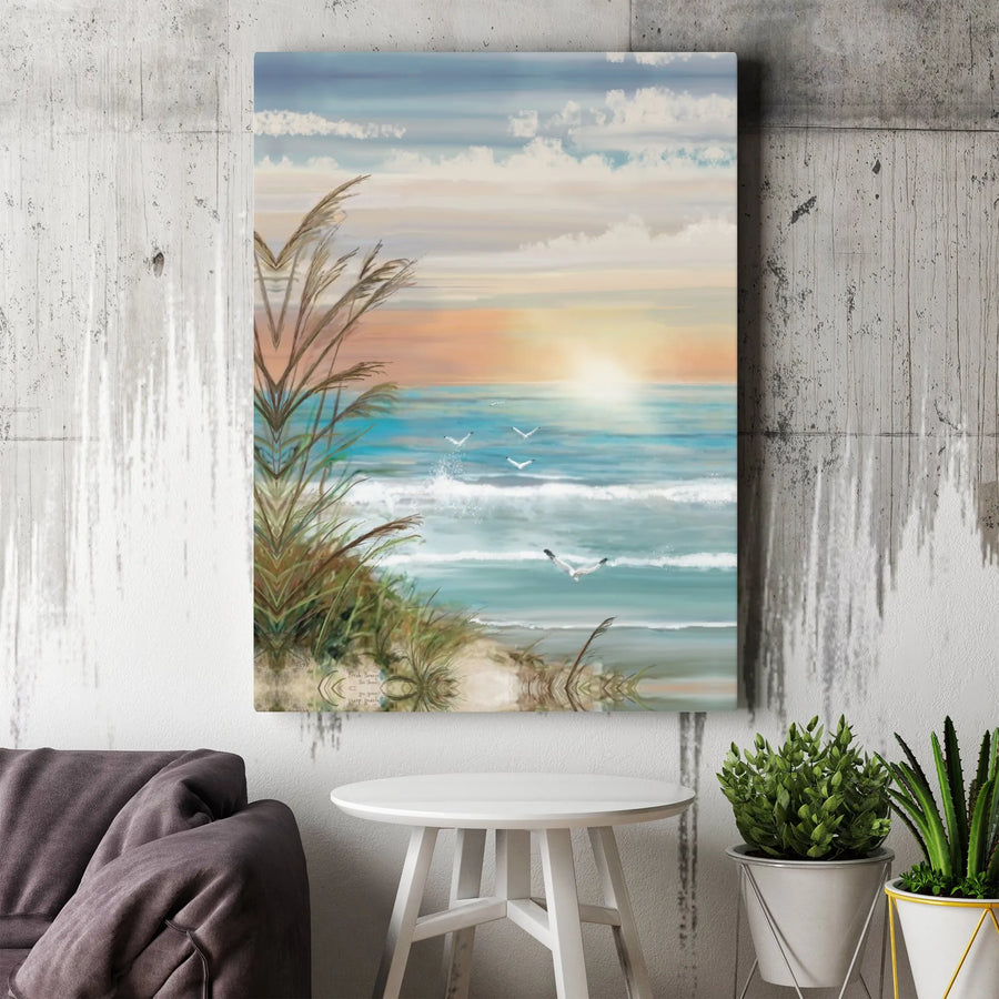 Coastal Beach Sunset Wall Art | Seagulls and Sea Grass Landscape Print | Premium 1.25" Gallery Wrapped Canvas | Serene Ocean Home Decor Gift