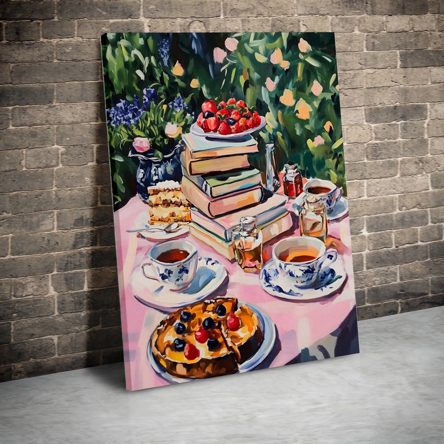 Afternoon Tea Garden Wall Art | Still Life Books and Berries Painting | Premium Gallery Wrap Canvas | Cozy Cottagecore Home Decor Gift