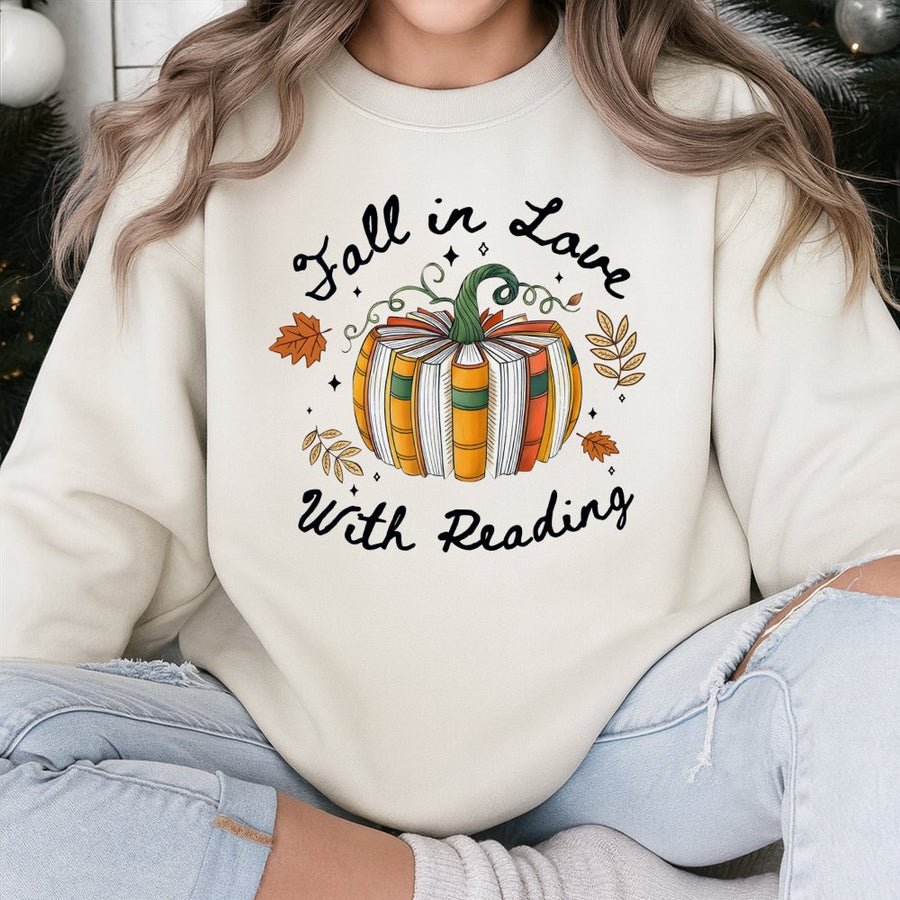 Fall in Love with Reading Sweatshirt | Book Lover Pumpkin Graphic | Premium Cotton Blend Cozy Crewneck | Unique Librarian Teacher Gift