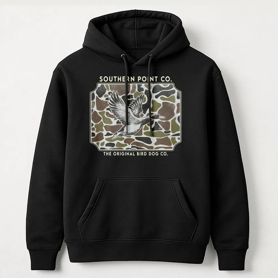 Duck Hunting Hoodie | Camo Flying Mallard Graphic | Premium Cotton Blend | Gift for Hunters and Outdoorsmen