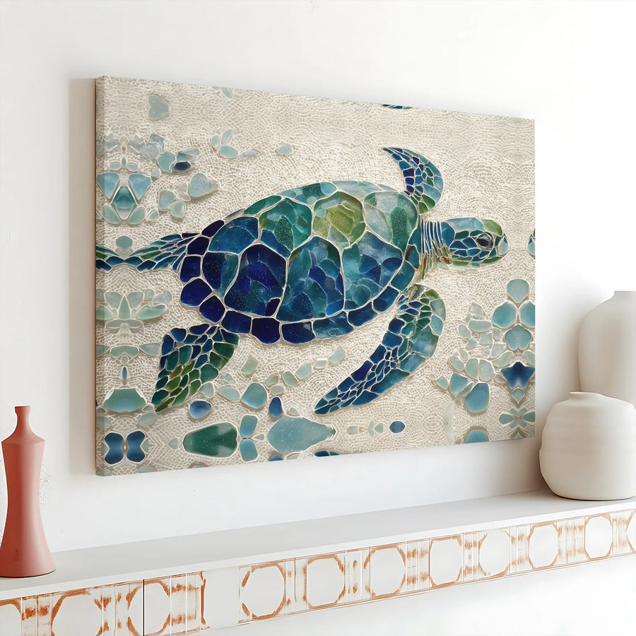 Sea Turtle Mosaic Canvas Wall Art | Sea Glass Effect Turtle Art Print | Premium Gallery Wrap Canvas | Nautical Beach House Decor Gift