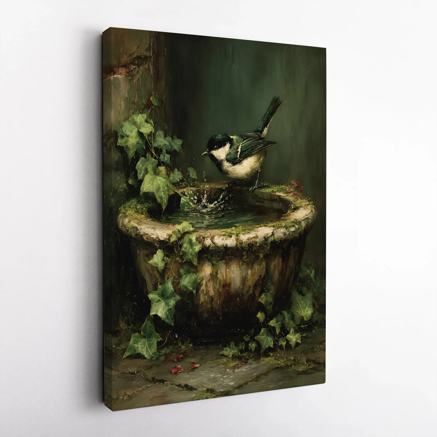 Vintage Bird Painting Canvas | Great Tit at Ivy Birdbath Wall Art | Premium Thick Gallery Wrap | Collector's Gift for Nature Lover