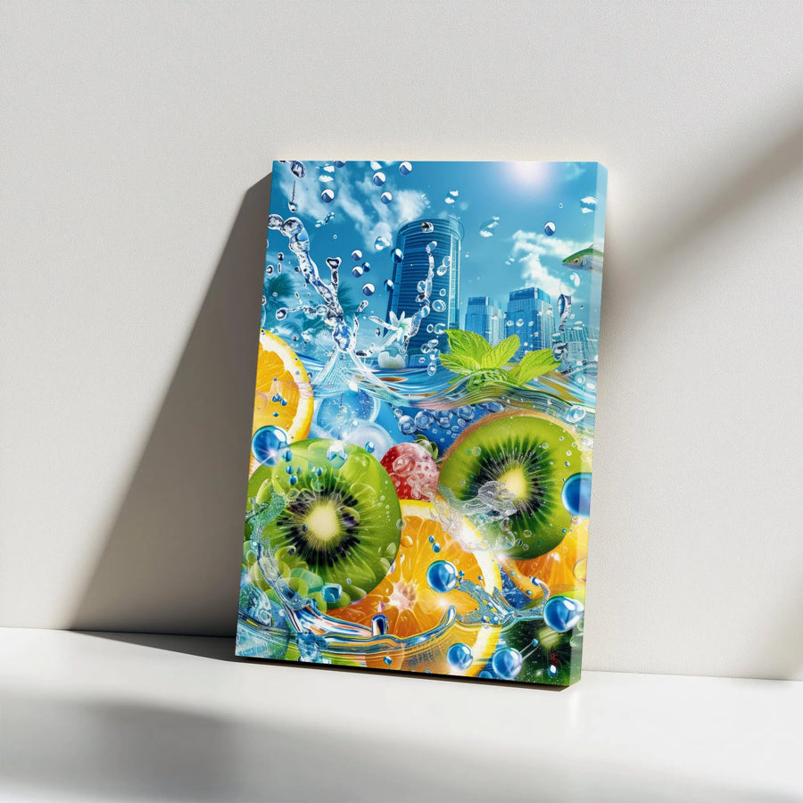 Vibrant Fruit Splash Canvas Wall Art | Surreal Cityscape & Tropical Fruit Design | Premium Gallery-Wrapped Canvas | Modern Kitchen & Bar Decor Gift