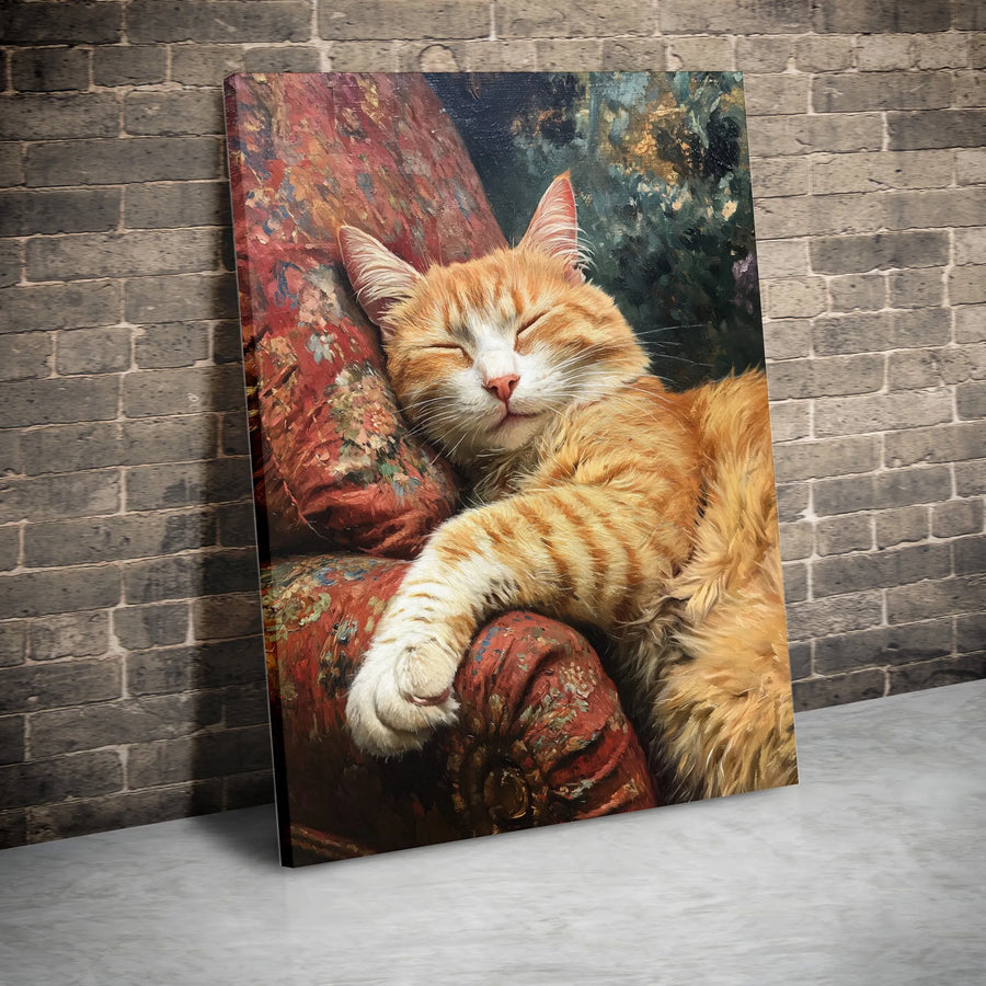 Sleeping Ginger Cat Canvas Wall Art | Impressionist Oil Painting Style | Premium Fade-Resistant Gallery Wrap | Cozy Cat Lover Gift Decor