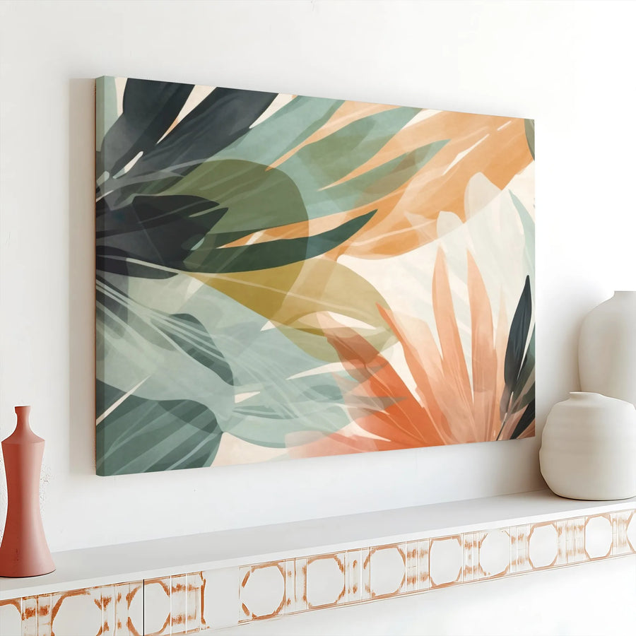 Abstract Botanical Canvas Wall Art | Sage Green and Terracotta Leaf Print | 1.25-Inch Gallery Wrap | Modern Home Decor for Living Room