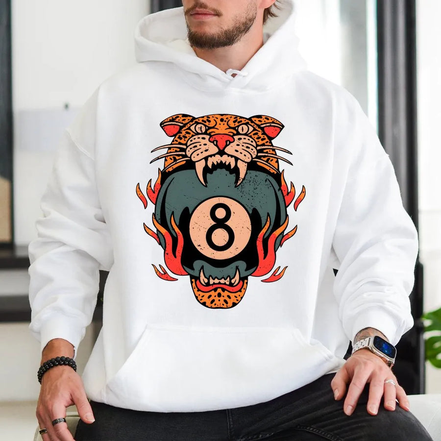 Vintage Tiger 8 Ball Hoodie | Flaming 8 Ball Tattoo Art | Premium Cotton Graphic Tee | Gift for Rock and Roll Fan