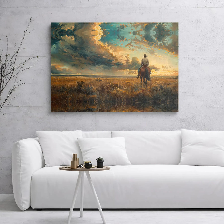 Western Cowboy Wall Art | Sunset Prairie Horseback Landscape | Premium Gallery Wrap Canvas | Rustic Home Office Decor Gift