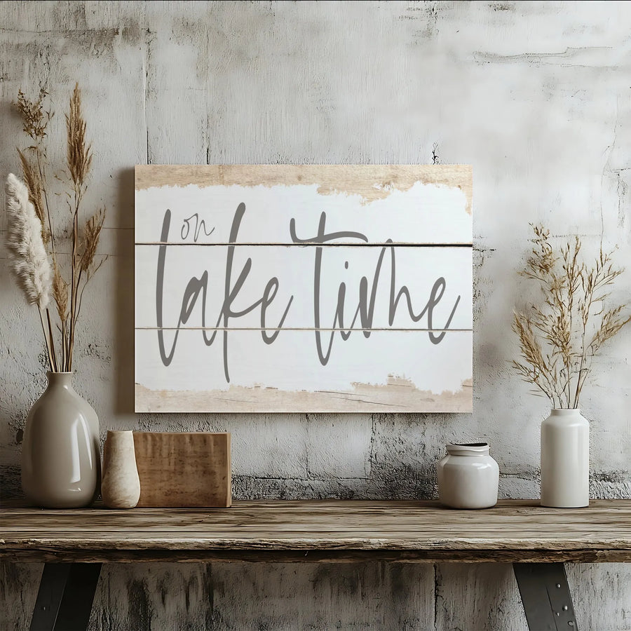 On Lake Time Canvas Wall Art | Rustic Farmhouse Shiplap Design | Premium Gallery Canvas Print | Lake House Cabin Decor Gift