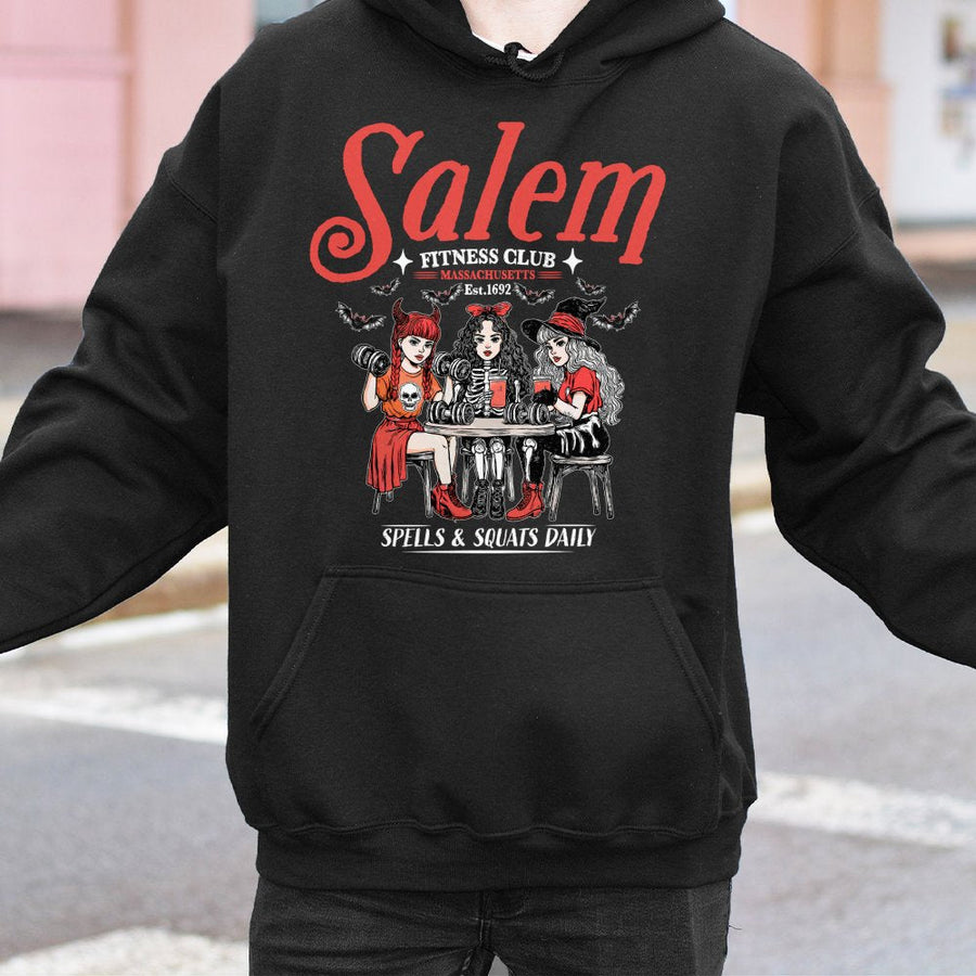 Salem Fitness Club Hoodie | Spells and Squats Graphic Tee | Cotton Blend Premium Pullover | Funny Witchy Halloween Gift for Gym Lovers
