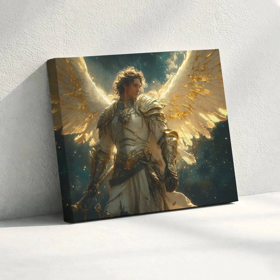 Archangel Michael Canvas Wall Art | Celestial Warrior Angel With Golden Wings | Premium 1.25-Inch Gallery Wrap | Spiritual Home Decor Gift