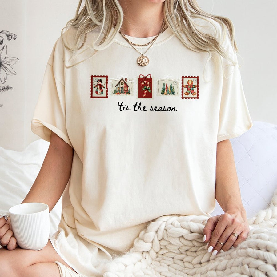 Tis The Season Christmas Stamp T-Shirt | Retro Holiday Patchwork Graphic | Premium Soft Cotton | Festive Holiday Gift For Her & Him