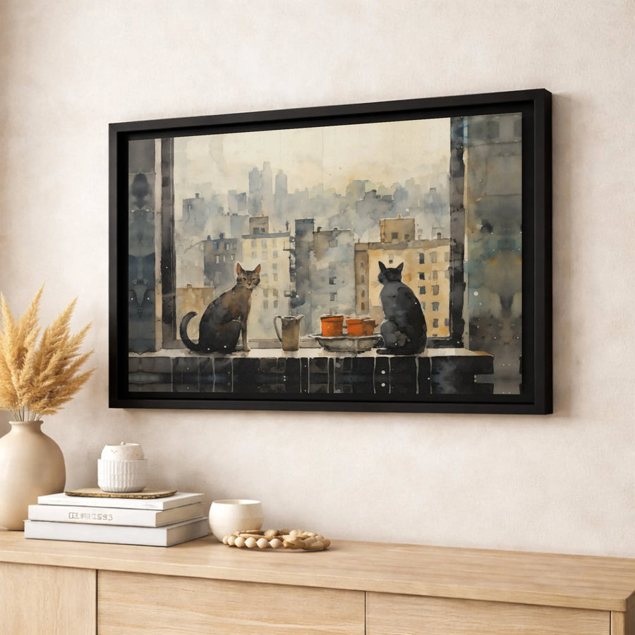 Two Cats on Windowsill Cityscape Canvas Print | Watercolor Urban Art | Premium Gallery Wrapped Decor | Gift for Cat Lovers