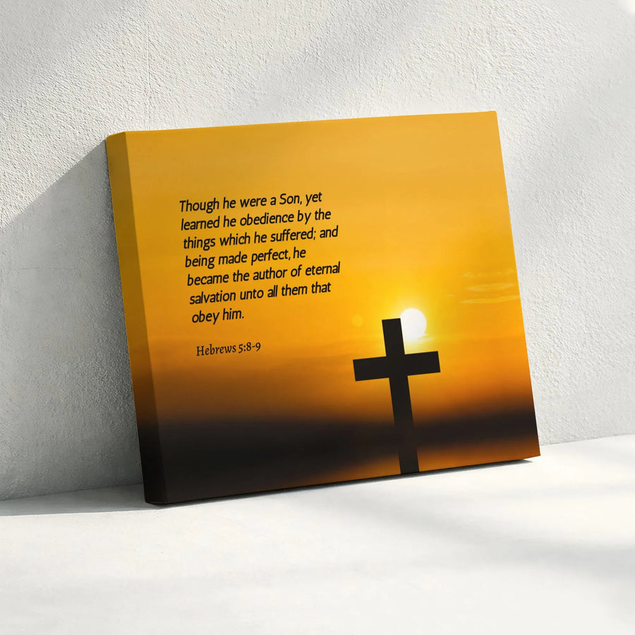Hebrews 5:8-9 Bible Verse Canvas | Cross at Sunset Christian Wall Art | Premium Fade-Resistant Gallery Wrap | Religious Home Decor Gift