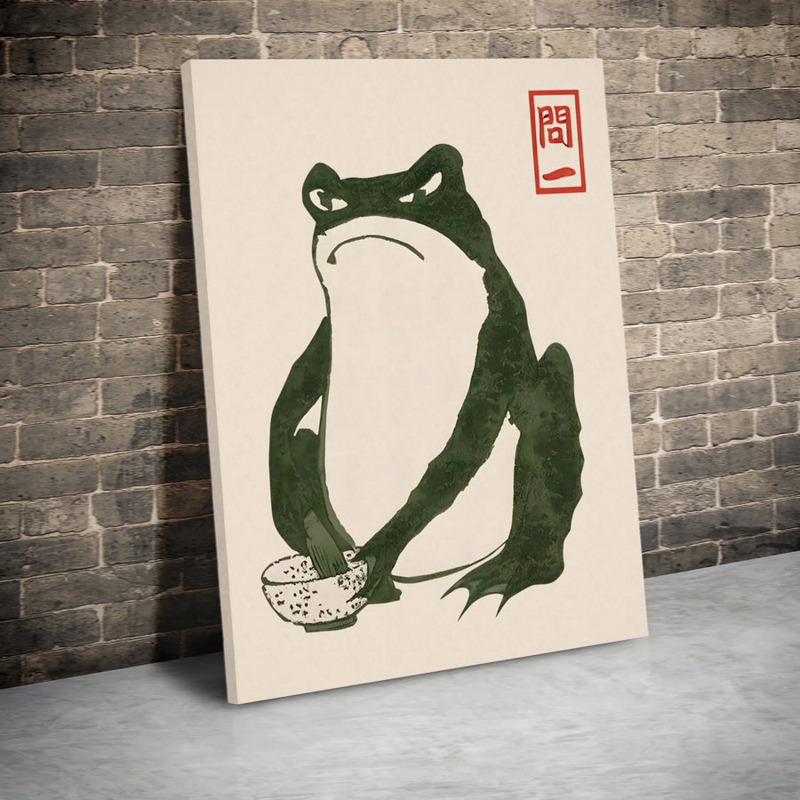 Grumpy Frog Wall Art | Japanese Matcha Tea Aesthetic | Premium Gallery Canvas | Cute Animal Home Decor Gift