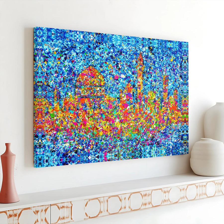 Taj Mahal Canvas Wall Art | Abstract Paint Splatter India Landmark | Premium Gallery-Quality Print | Modern Home Decor Gift for Traveler