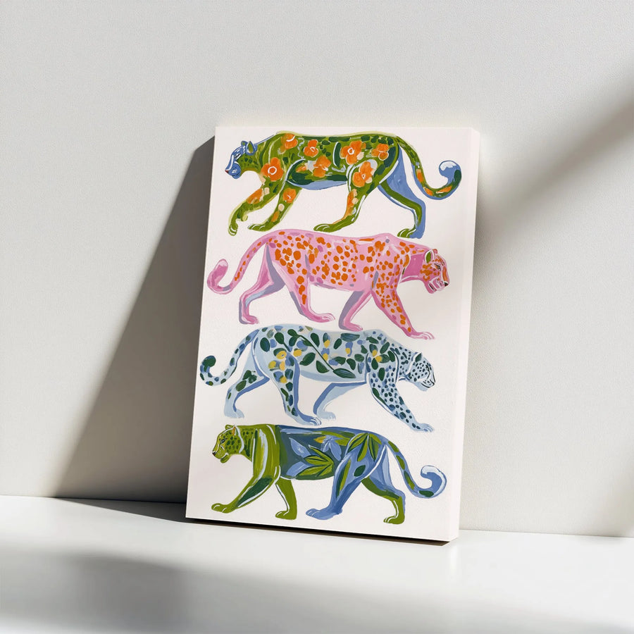 Abstract Leopard Parade Canvas | Colorful Botanical Big Cat Art | Premium 1.25" Thick Gallery Wrap | Eclectic Home Decor Gift for Animal Lovers