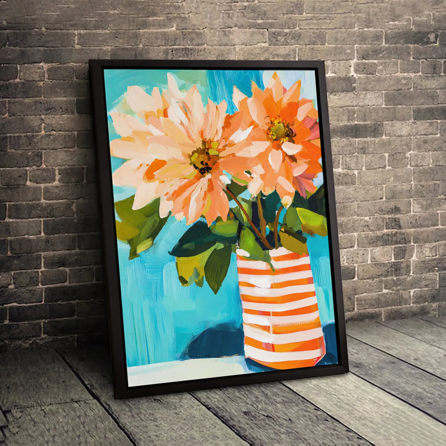 Orange Flower Wall Art | Abstract Floral Painting in Striped Vase | Premium 1.25-Inch Gallery Canvas | Modern Living Room Decor Gift
