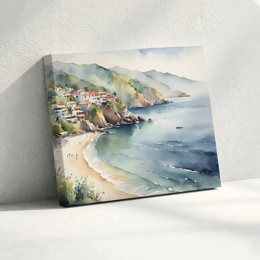 Coastal Village Canvas Wall Art | Watercolor Seascape Painting Print | Premium Gallery Wrapped Canvas | Living Room & Bedroom Wall Decor Gift