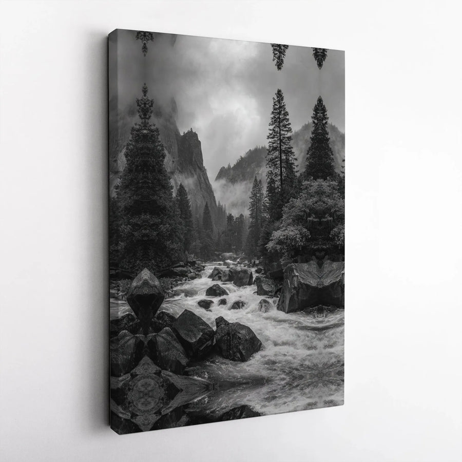 Black and White River Landscape Canvas | Moody Forest Mountain Wall Art | Premium Gallery-Wrapped Print | Modern Nature Home Decor Gift