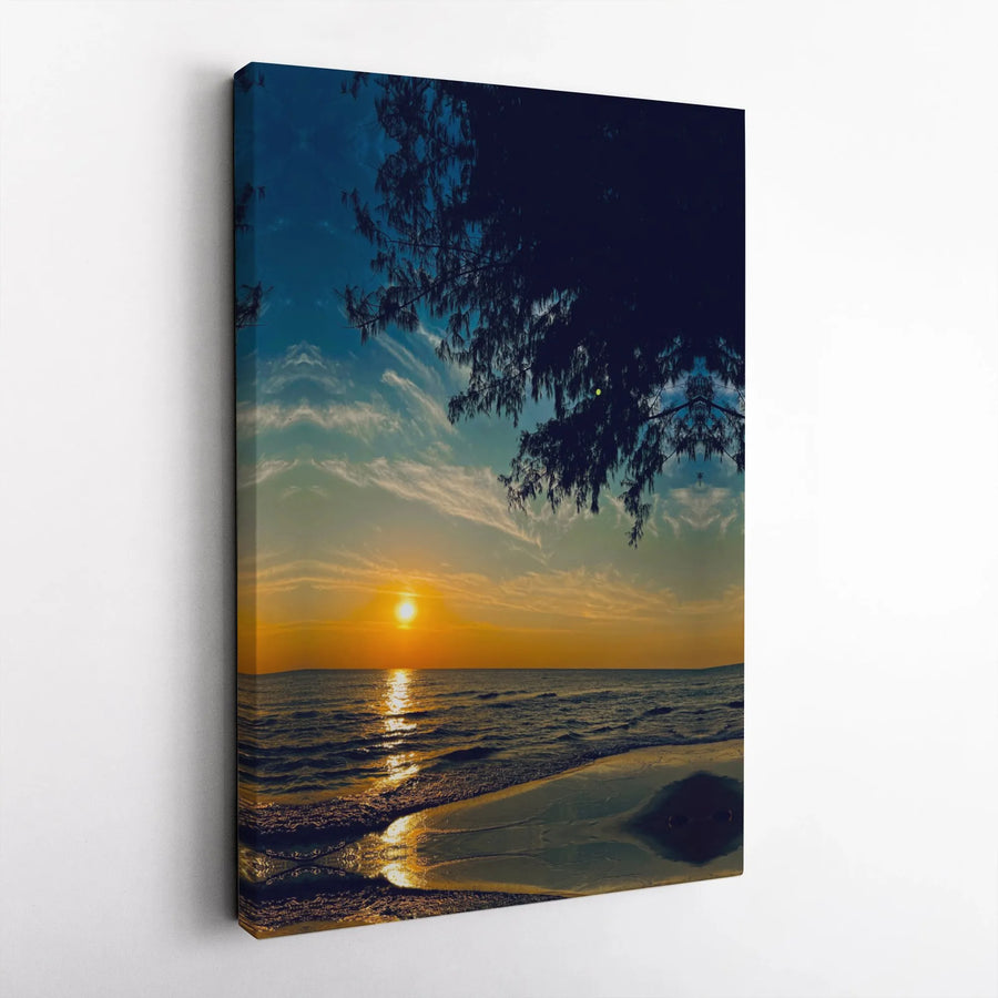 Ocean Sunset Wall Art | Tropical Beach Tree Silhouette Canvas | Premium 1.25" Gallery Wrap | Coastal Decor for Living Room or Office