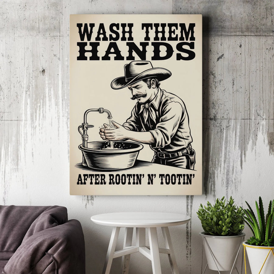 Wash Them Hands Canvas Art | Vintage Western Cowboy Bathroom Decor | Gallery Wrapped Premium Print | Funny Farmhouse Wall Sign Gift for Men