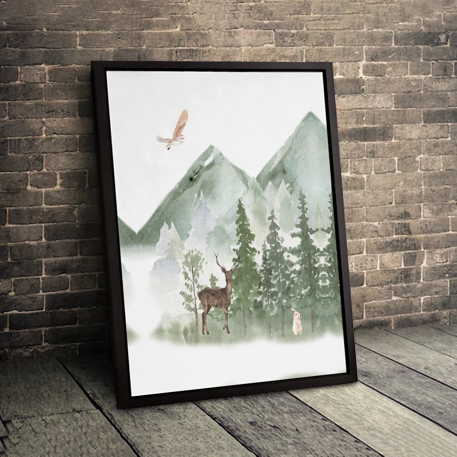 Watercolor Forest Mountain Canvas Print | Deer, Owl & Rabbit Wall Art | Premium Gallery Wrapped Decor | Nature Lover Gift for Home Nursery