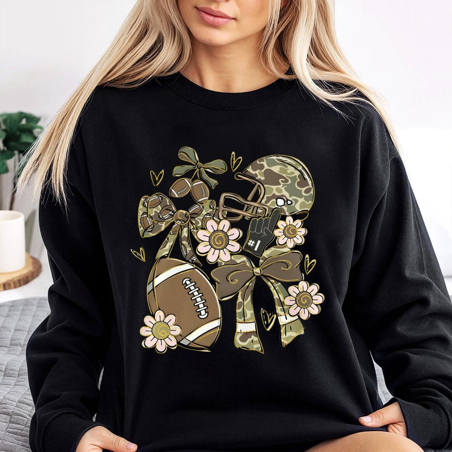 Football Camo Sweatshirt | Floral Bow Gameday Graphic | Premium Cotton Blend | Gift For Football Mom And Fan