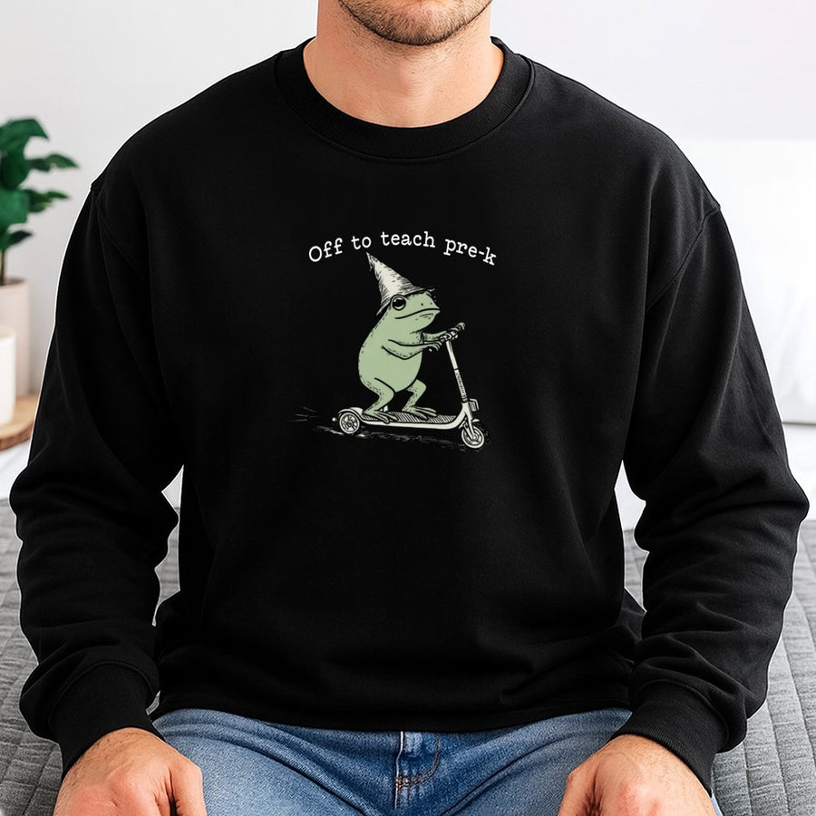 Pre-K Teacher Sweatshirt | Funny Frog on Scooter Graphic | Premium Cotton Blend | Cute Back to School Gift for Preschool Teachers